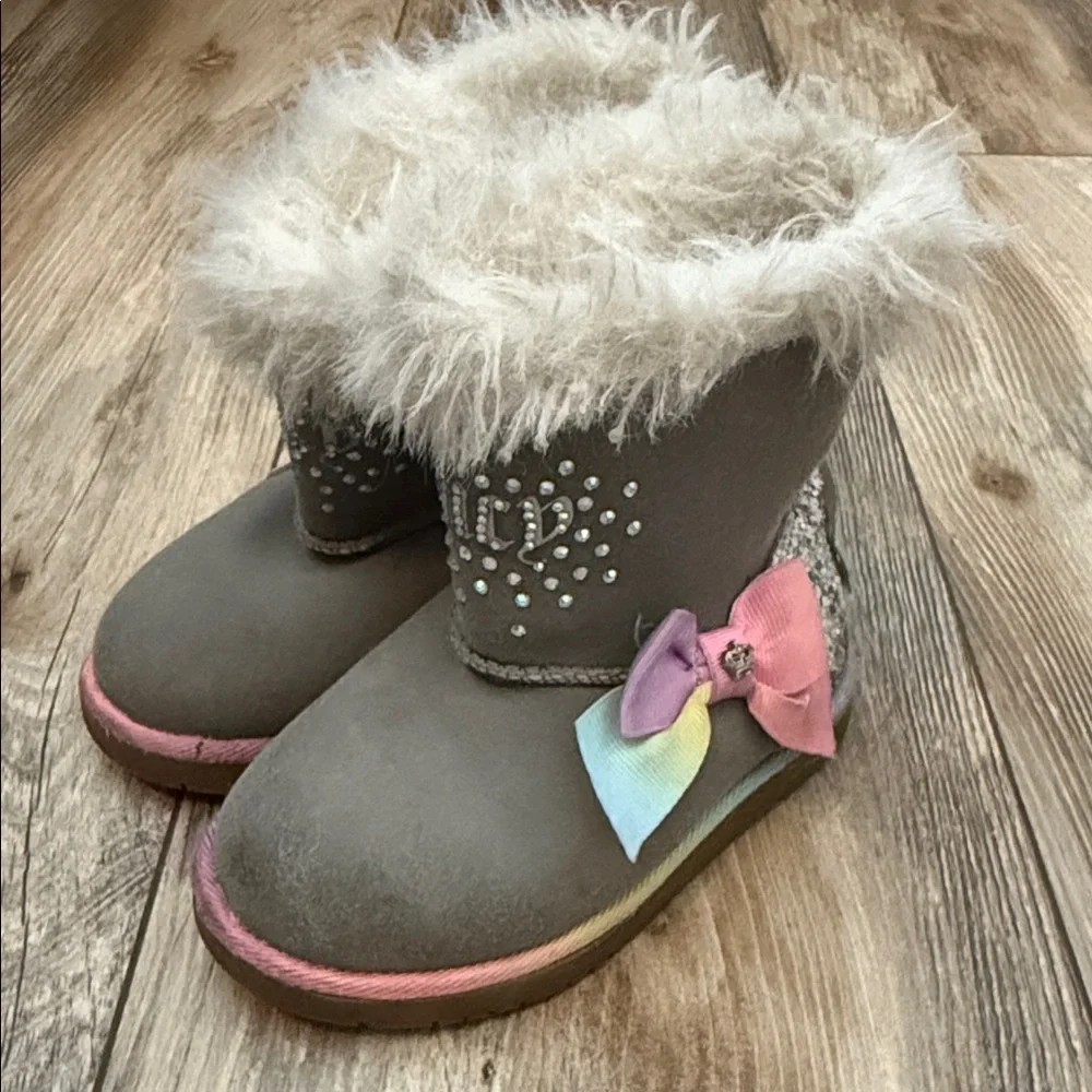 Juicy Couture Lil Coronado Gray Boots with Rhinestones & Rainbow Bow